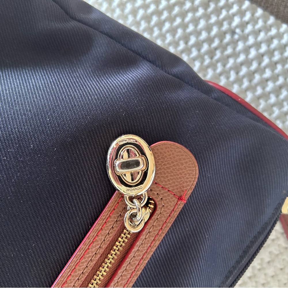Coach Sawyer Navy Adjustable Crossbody with Tan Trim and Red Stitching - Picture 6 of 10